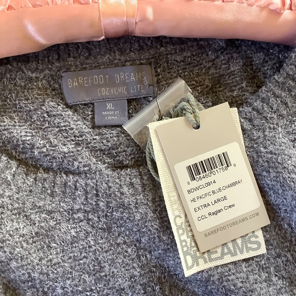 Barefoot Dreams Cozychic Lite Raglan Crew Neck Pullover Pacific Blue Chambray XL - Picture 10 of 14